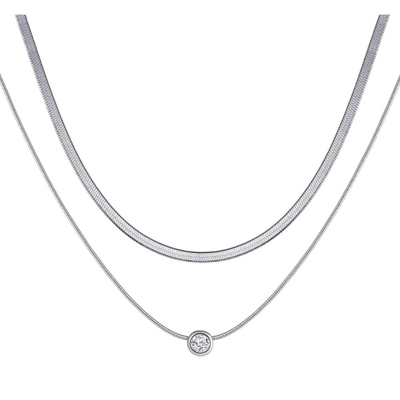 Silver 14k White Gold Plated 2pc Herringbone CZ Necklace Set - Picture 2 of 3